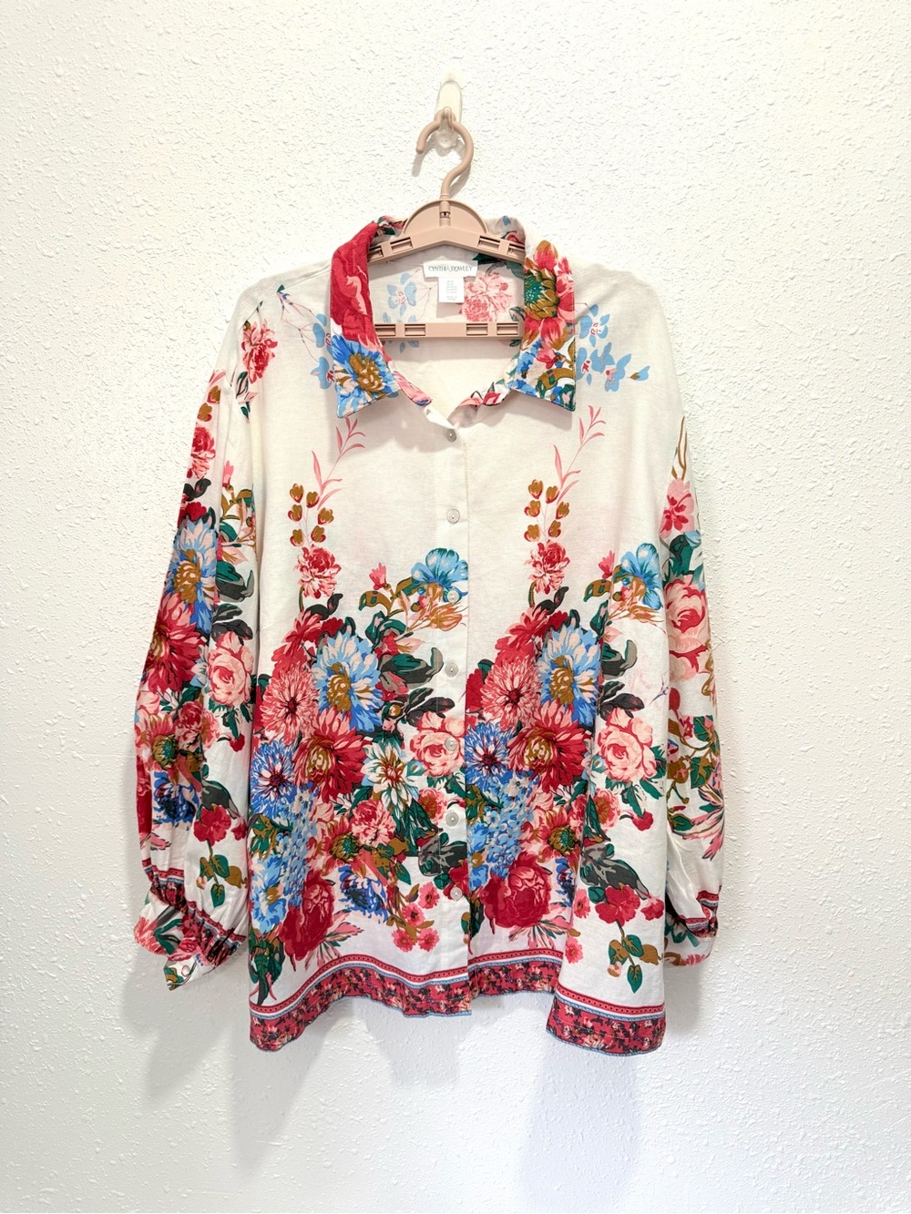 Cynthia Rowley 100% linen Button-Front Shirt Red, Blue & Green Floral Border 2X - Picture 4 of 11